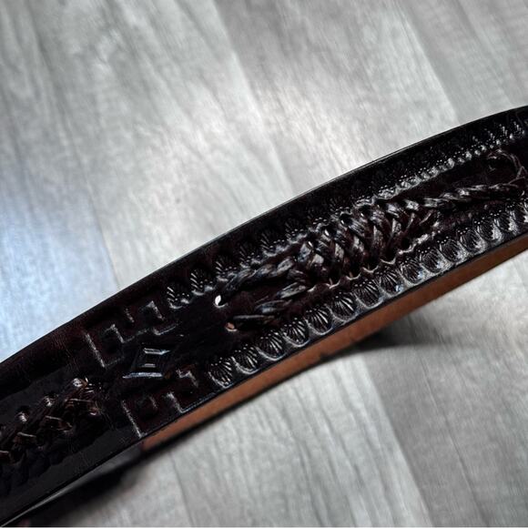 Vintage Tooled Leather Western Belt Dark Brown Size 34 Branded Geometric Mexico - Picture 5 of 7